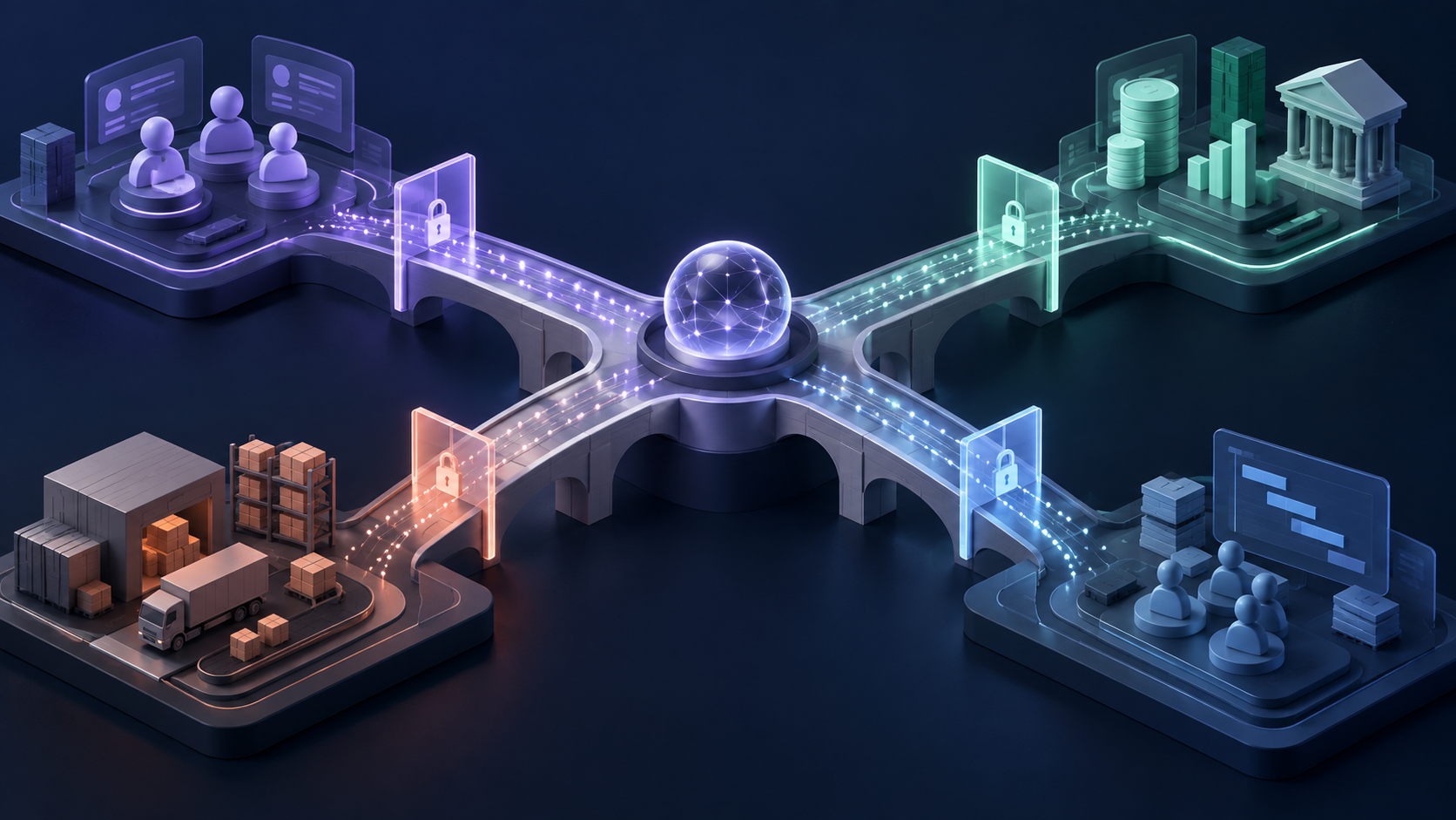 Abstract illustration of an agent connecting customer, supply-chain, finance and project systems through a governed bridge.