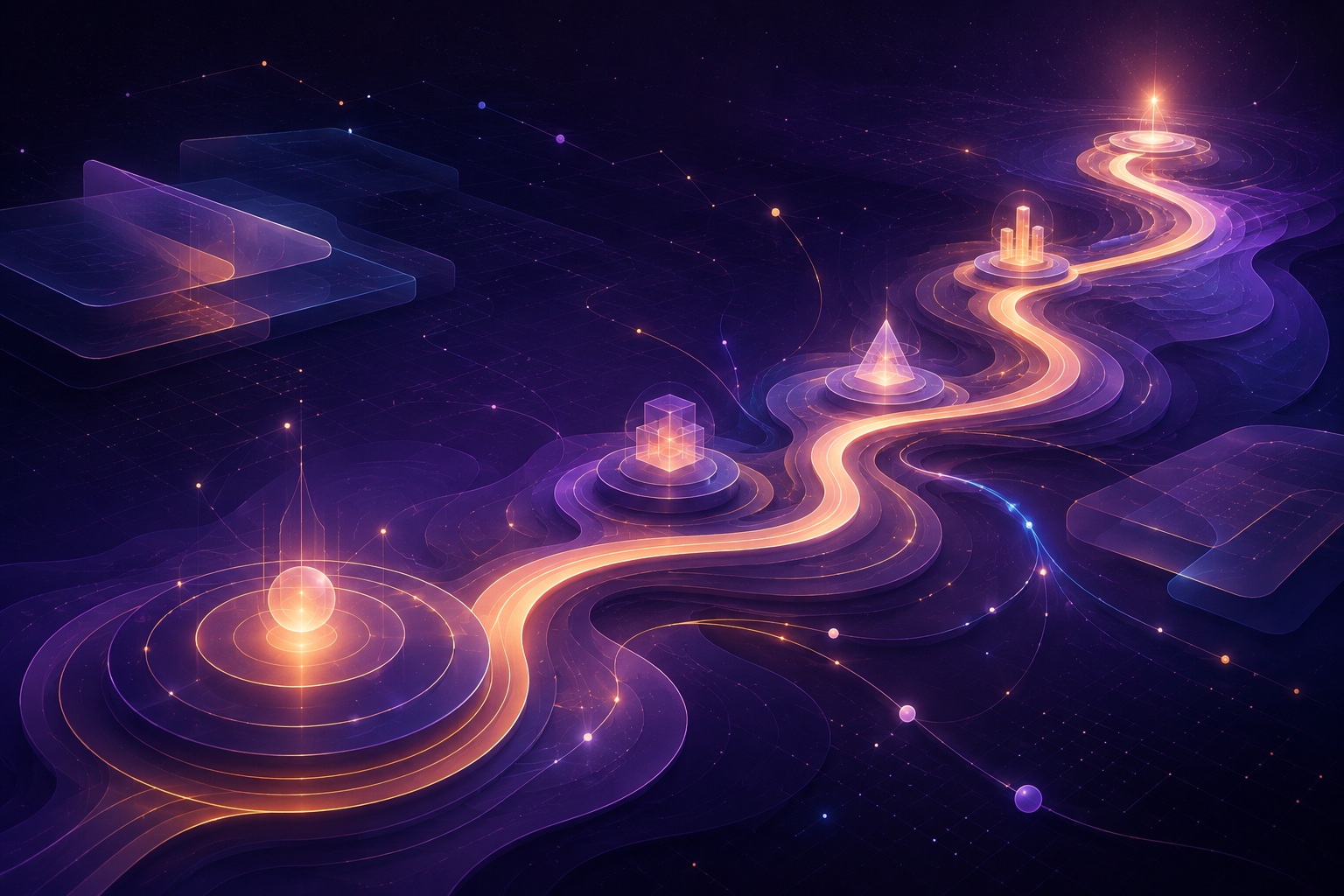 Abstract luminous career path moving through connected business-system milestones